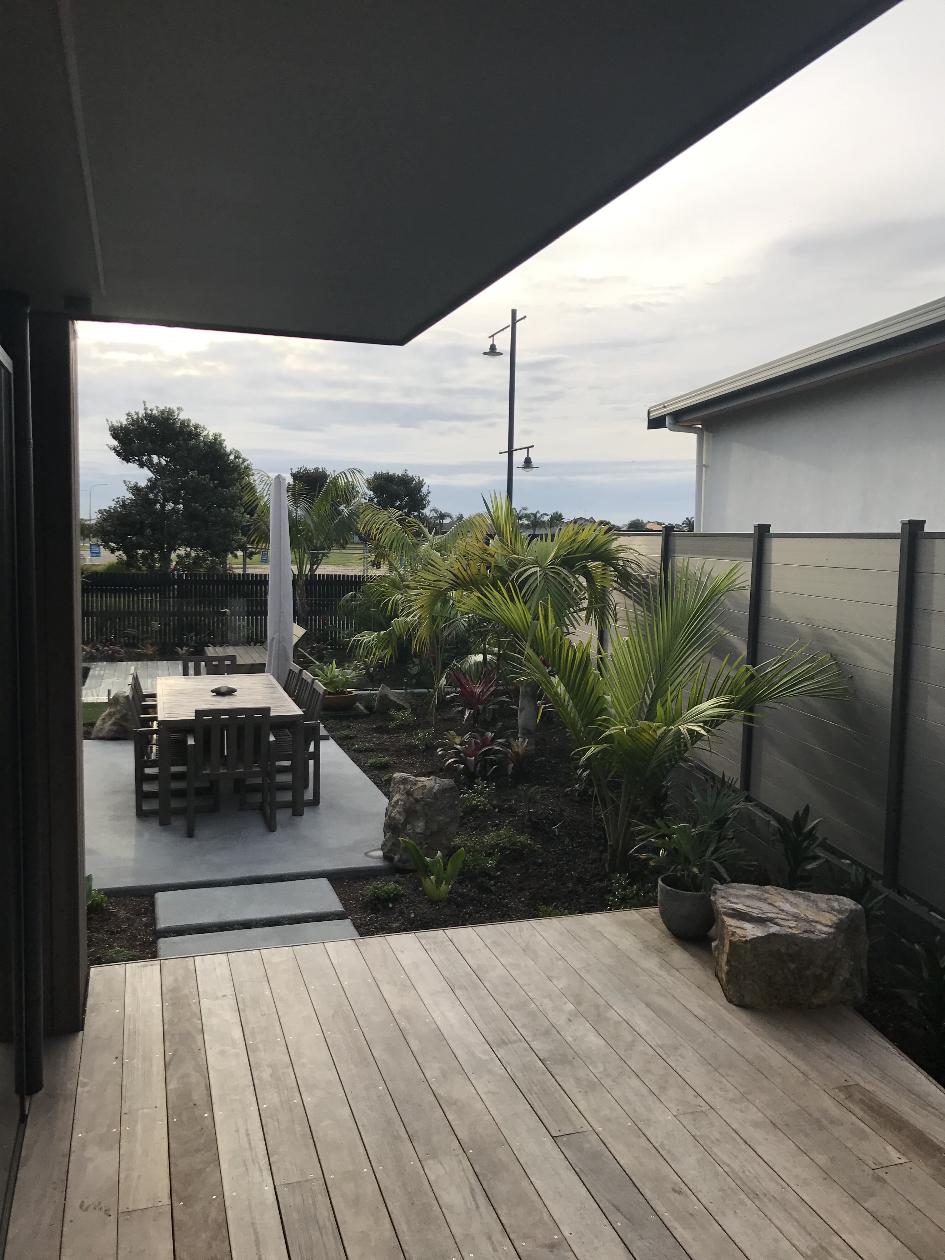 Decking, Concrete patio, Tropical planting