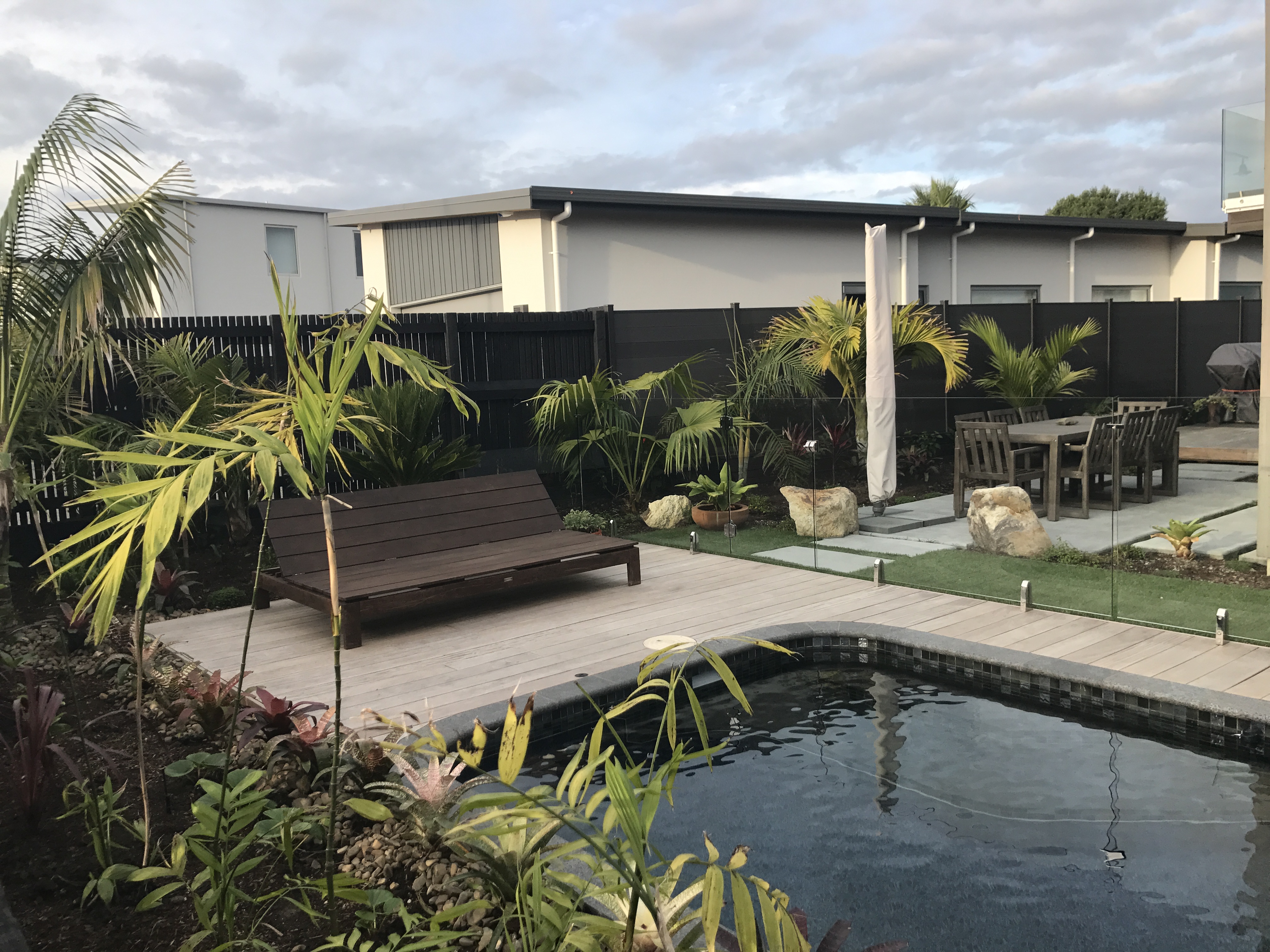 Decking, tropical planting, pool